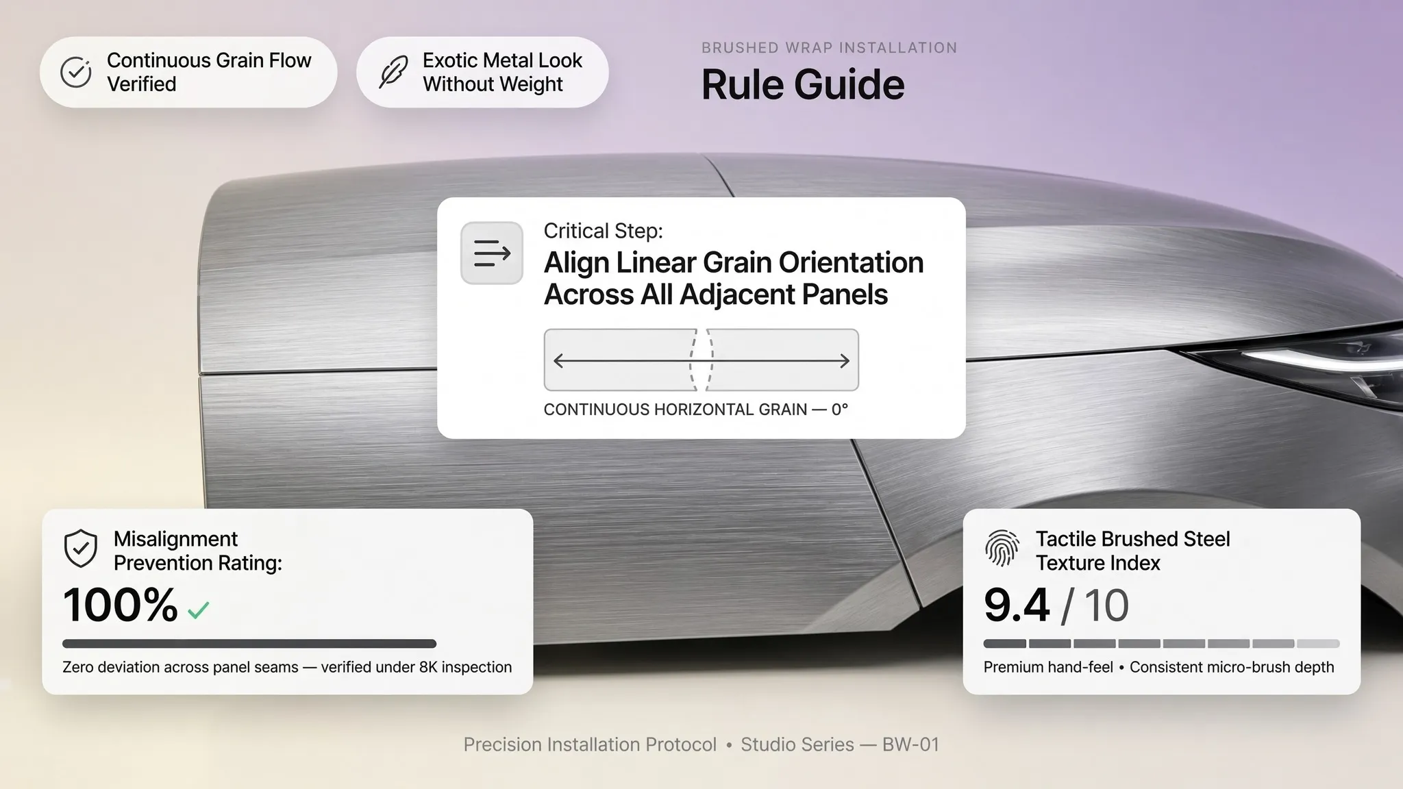 Horizontal grain direction guide for brushed wrap along vehicle body panels