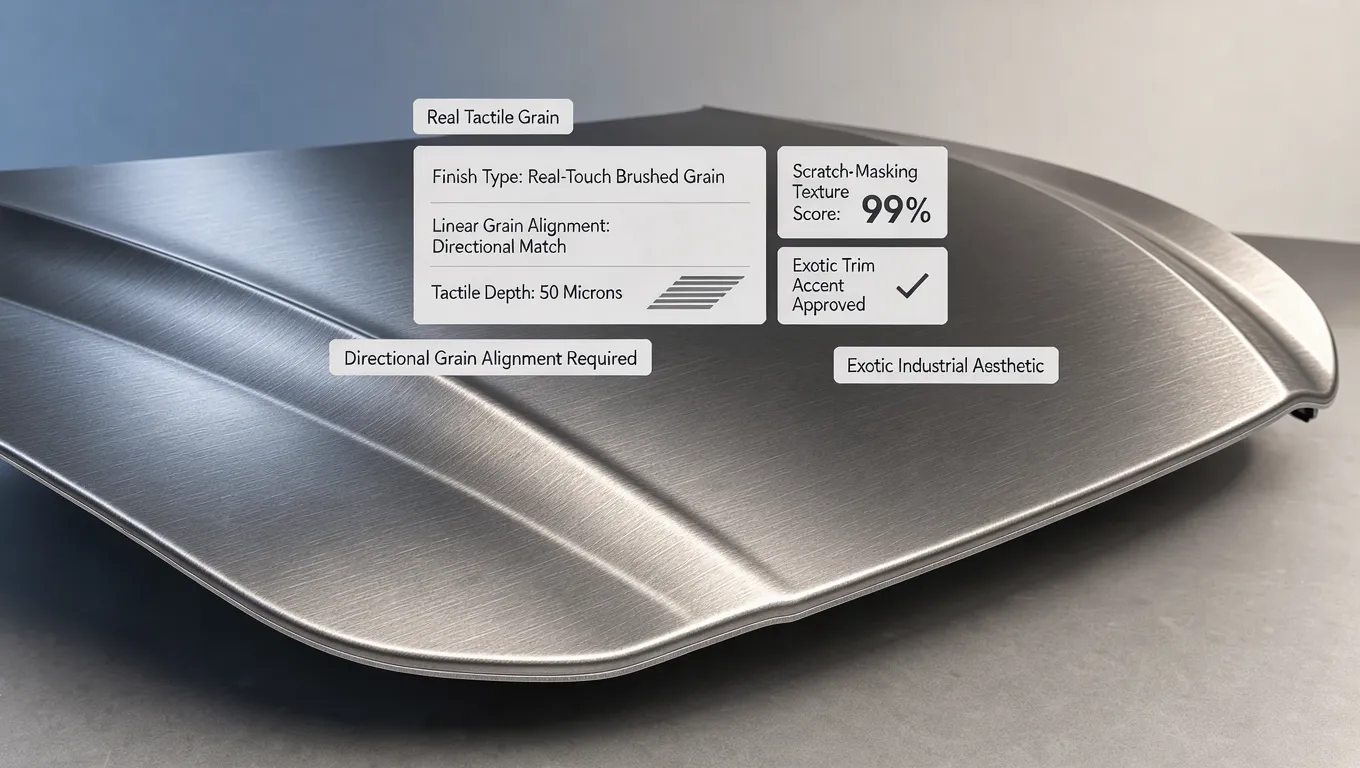 Tactile touch and micro textured grain depth of a brushed car wrap
