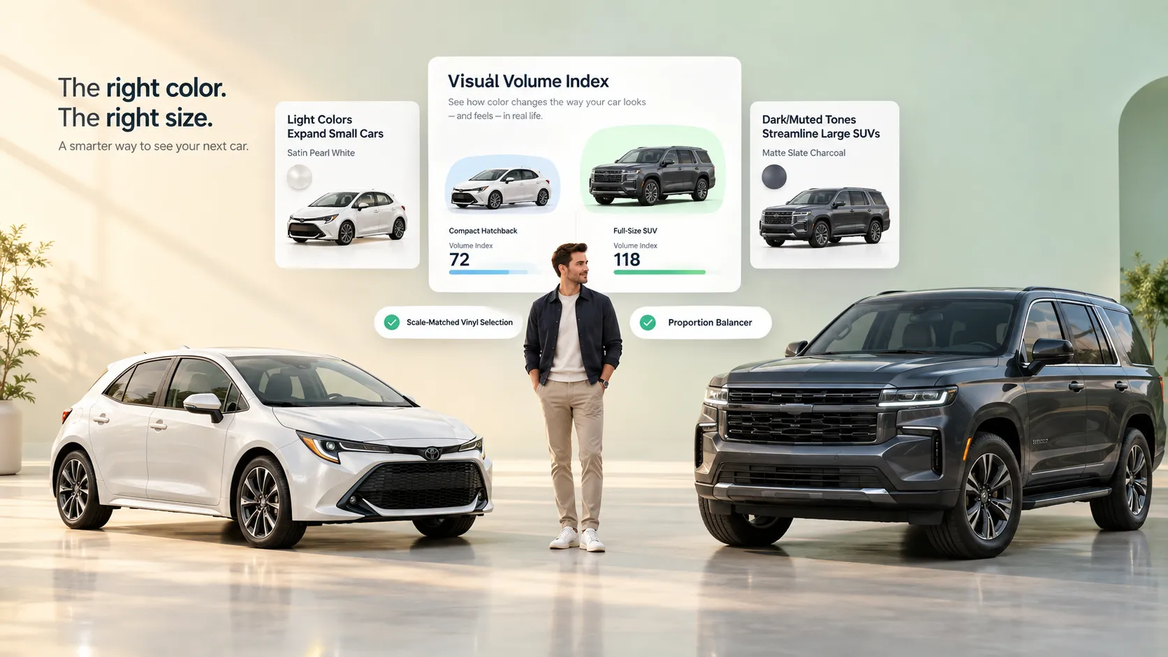 Large luxury vehicle utilizing a metallic wrap to balance visual weight and size