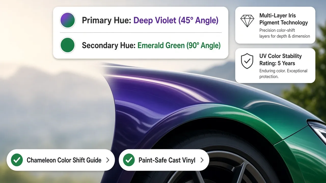 Chameleon color shift car wrap reflecting multiple vibrant tones under sunlight