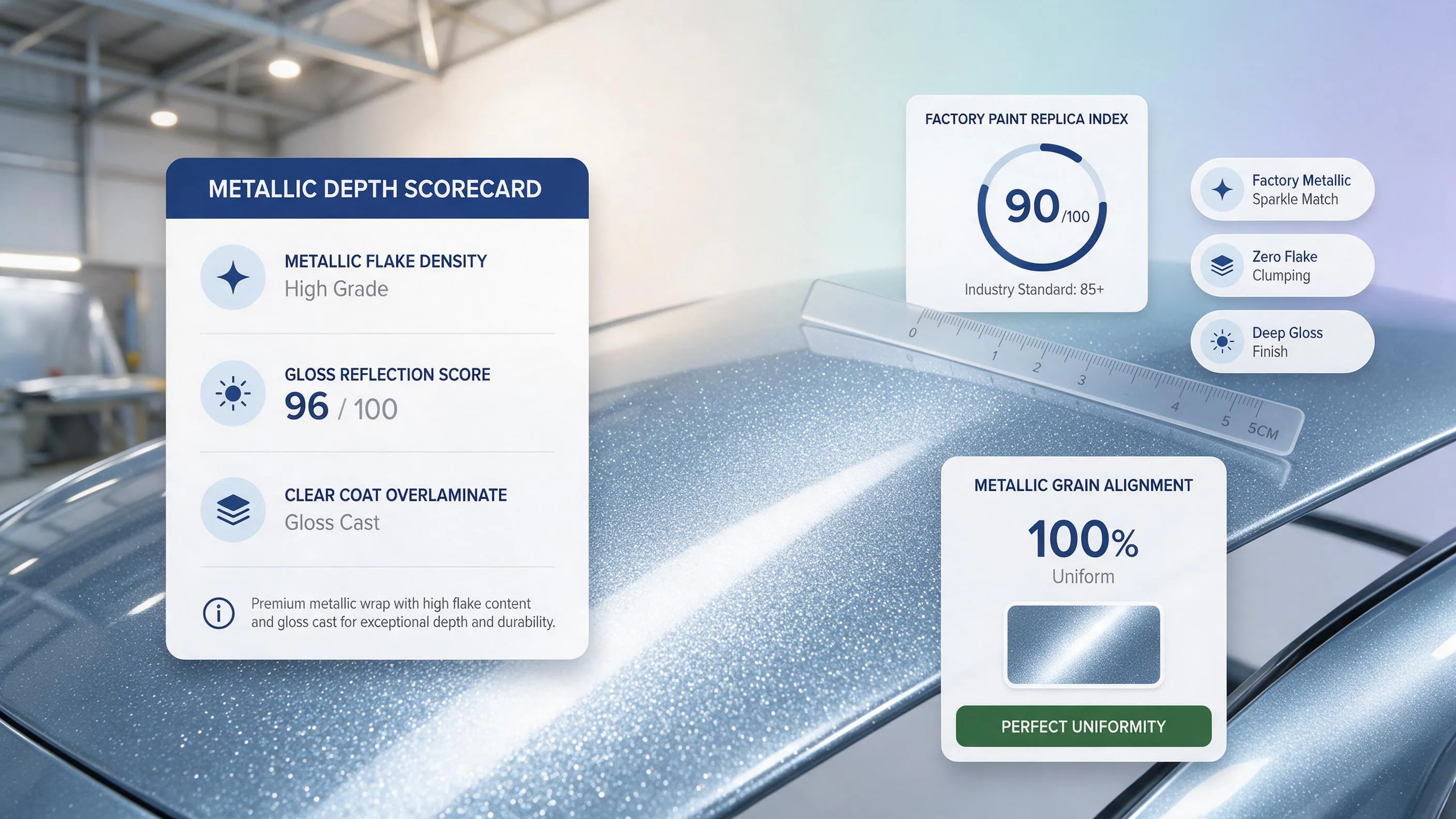 Metallic car wrap depth scorecard comparing visual quality and flake density