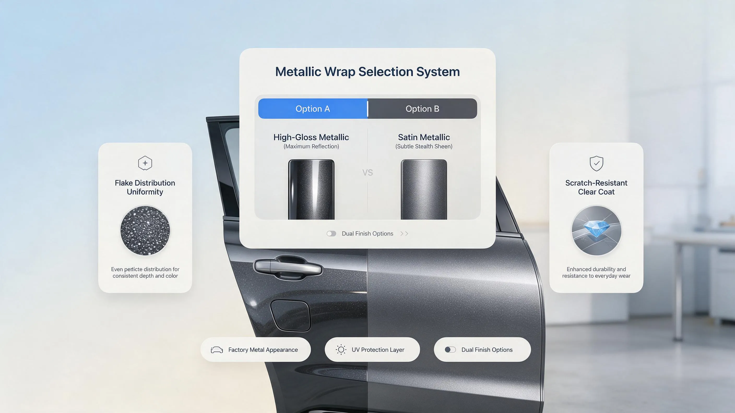 Digital interface for selecting metallic car wrap colors and palettes