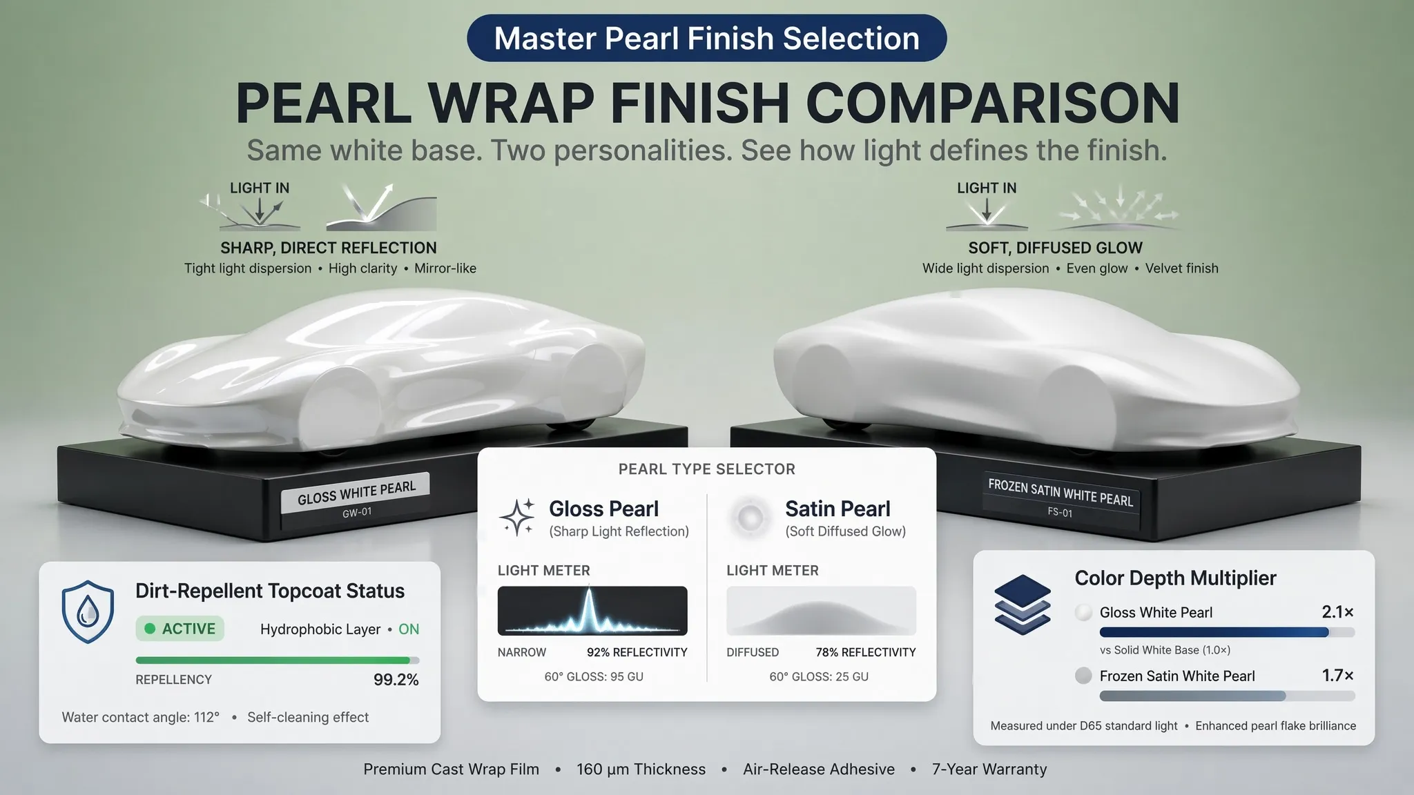 Comparison chart showing differences between color shift chameleon and pearl wrap finishes