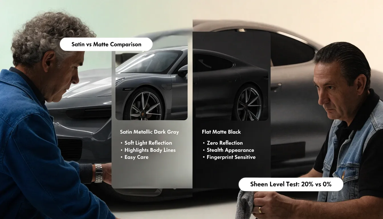 Assortment of vinyl wrap swatches comparing satin and matte finish options