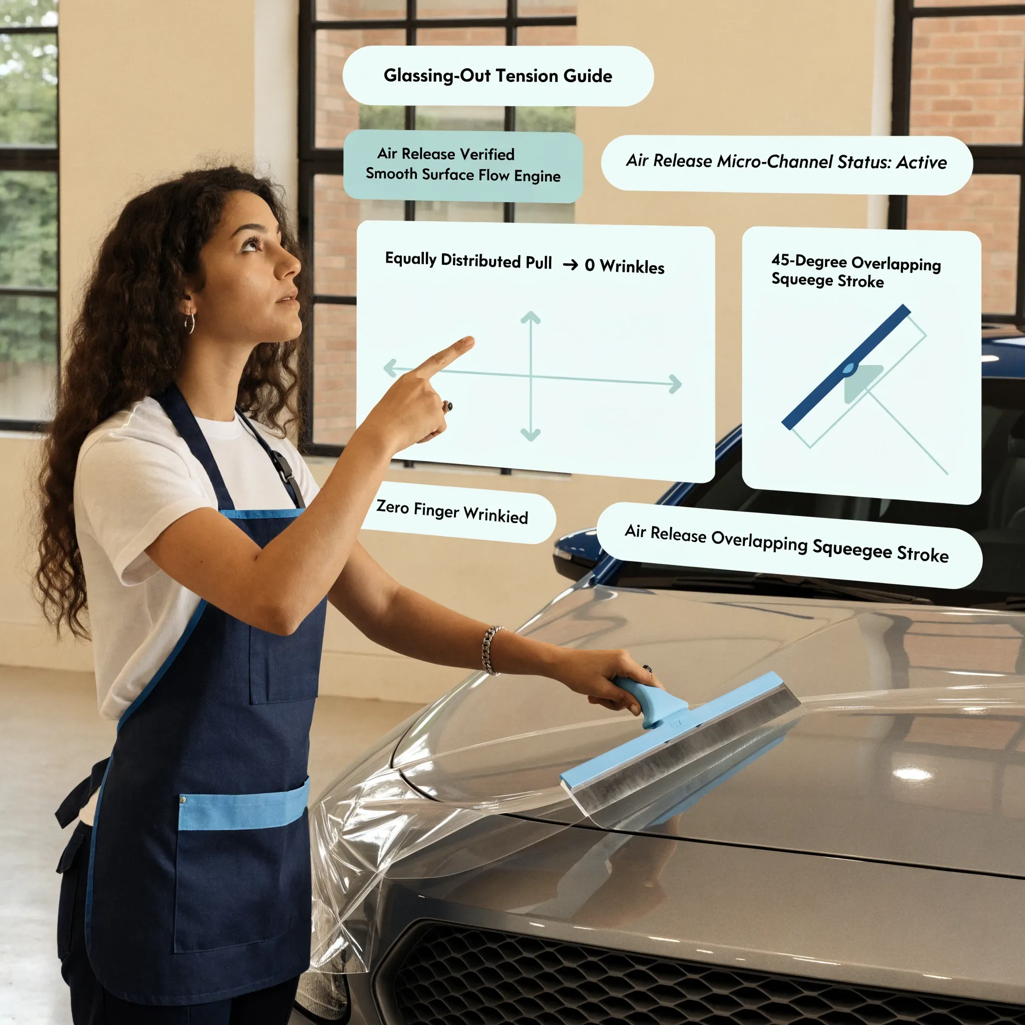 Technician using squeegee technique to prevent wrinkles in brushed vinyl wrap