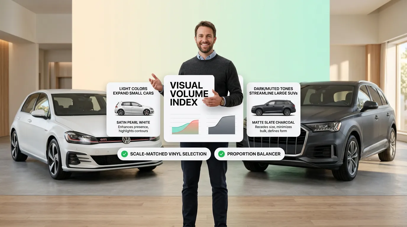 Various car models and sizes showcasing different wrap colors and finishes