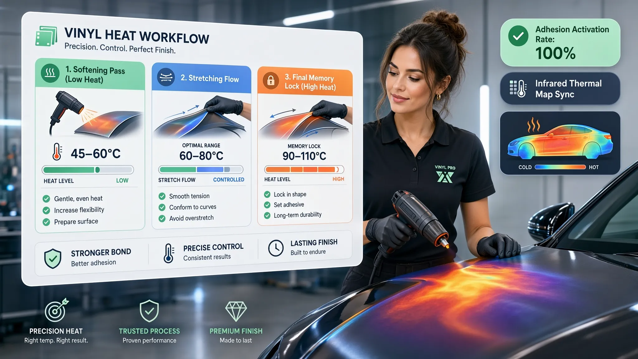 Heat gun temperature guide for installing metallic vinyl wrap safely