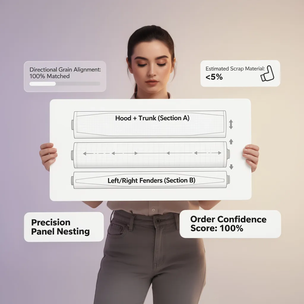 Panel nesting layout demonstrating metallic wrap material usage and cost calculation
