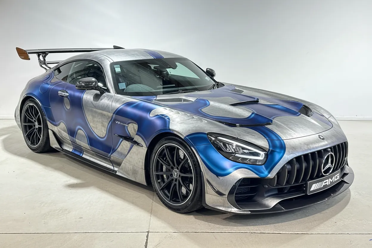 Metallic chrome blue wrap concept applied over a gray car base for an executive look