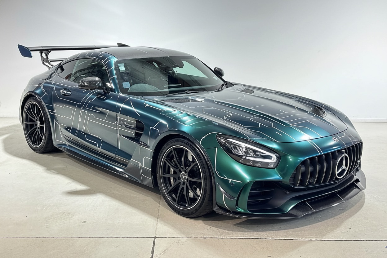 Mercedes AMG GTR Pro 绿色车膜在阳光直射下需要保护